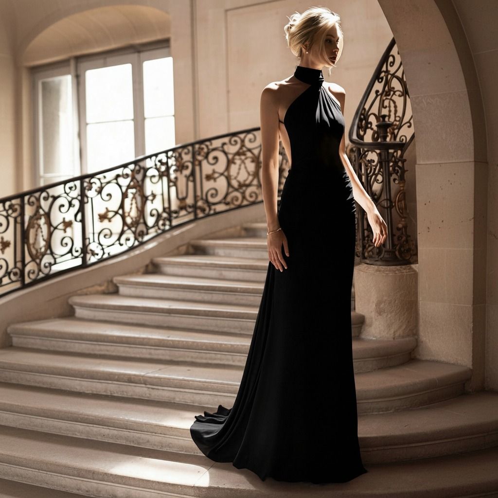 Vestido negro maxi en escalera, se aprecia la capa lateral extendida y el ruedo liso con cola