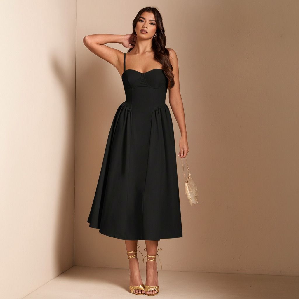 Vista completa de vestido midi negro con silueta corsé ajustada en torso y falda evasé bajo la rodilla