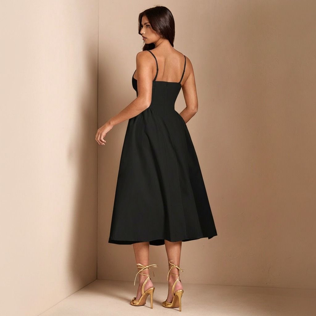 Vista trasera de vestido midi negro con tirantes finos, espalda descubierta y falda evasé amplia largo midi