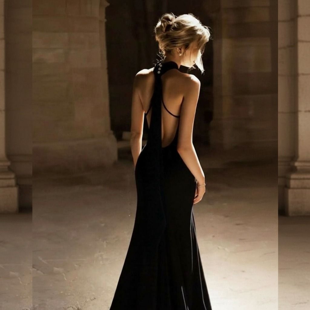 Detalle de la espalda del vestido negro con botones en el cuello alto y tira fina cruzada bajo los omoplatos
