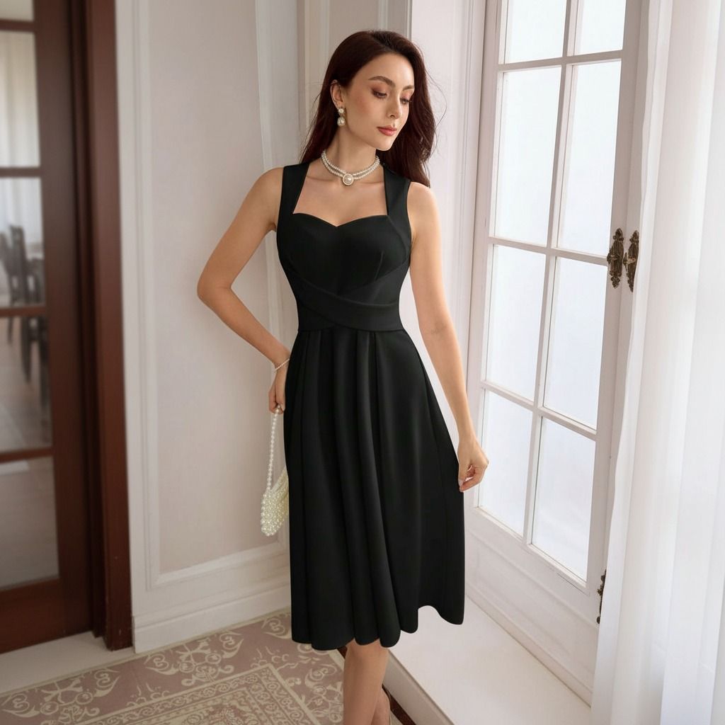 Detalle del escote corazón y banda cruzada en cintura del vestido midi negro con tirantes anchos
