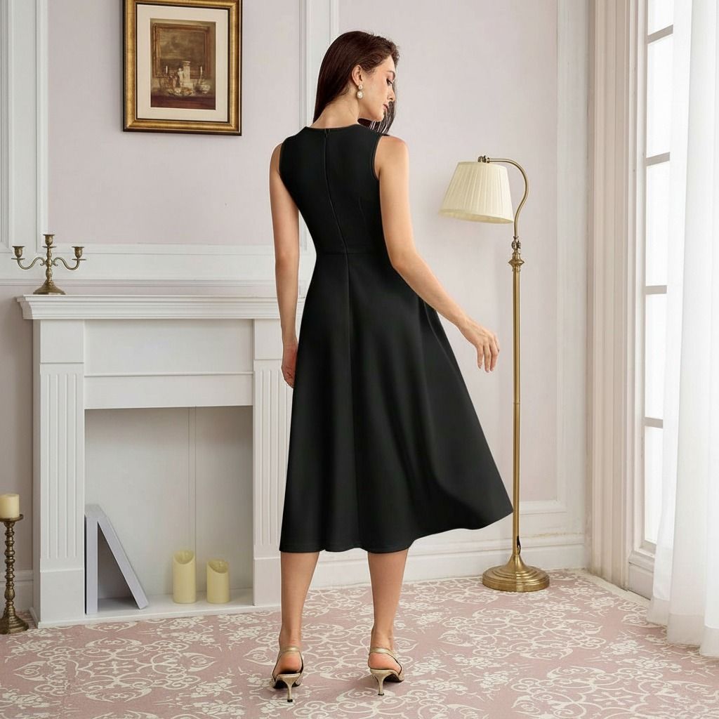 Vista trasera del vestido midi negro mostrando espalda cerrada con cierre oculto y falda evasé