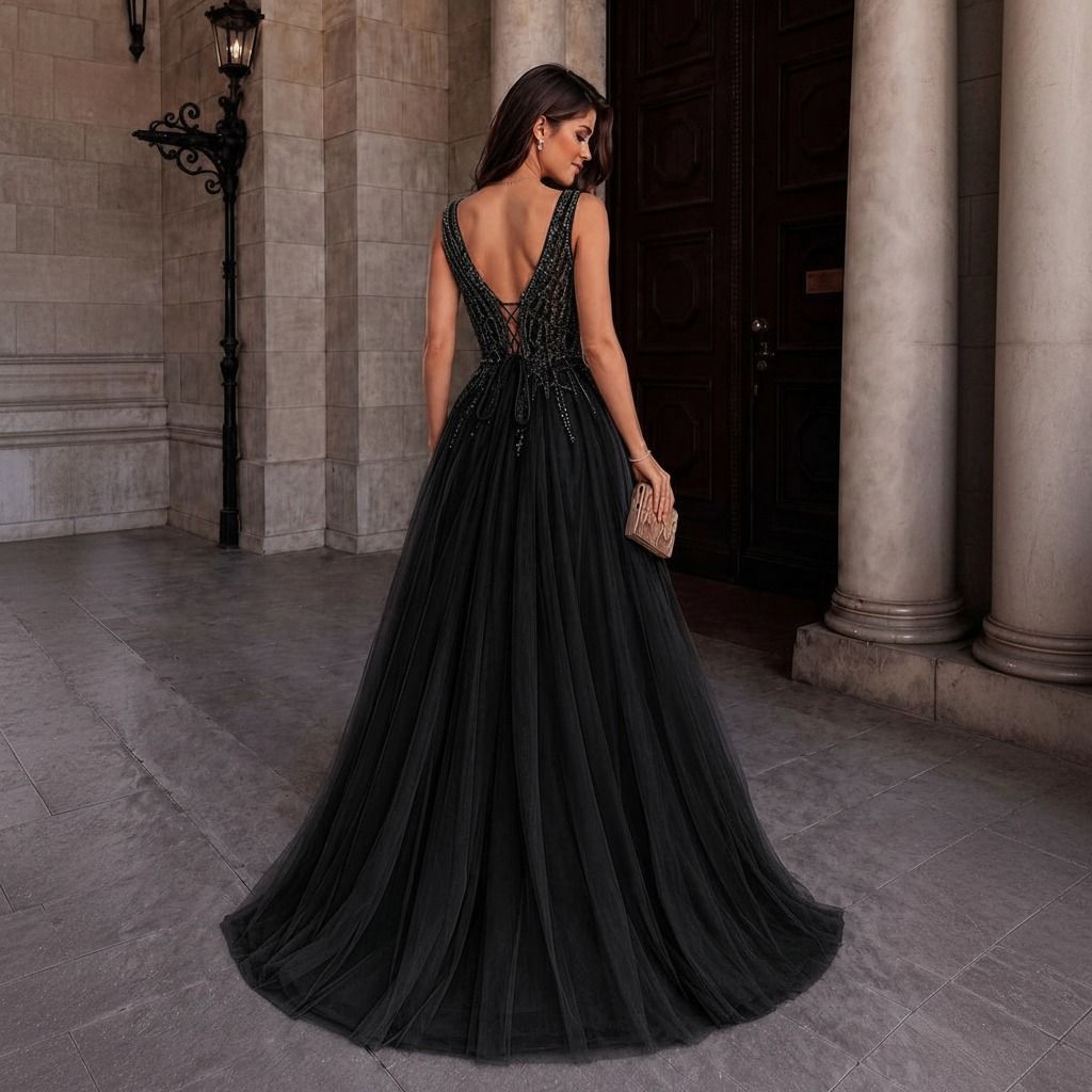 Vista posterior de vestido negro largo en tul mostrando espalda abierta en V con cordón cruzado ajustable