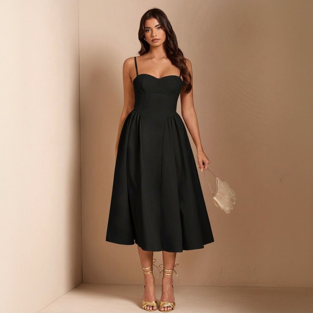 Vestido negro midi con cuerpo corsé ajustado y falda evasé con pliegues, modelo de frente con bolso de cadena