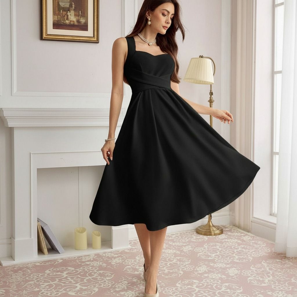 Modelo mostrando el vuelo de la falda evasé del vestido midi negro con escote corazón