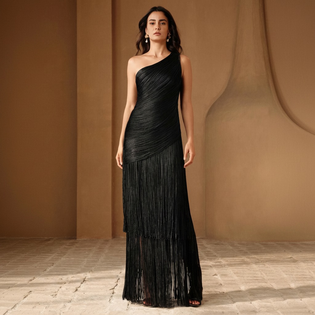 Vestido largo negro con escote un hombro y falda de flecos en capas, vista frontal completa