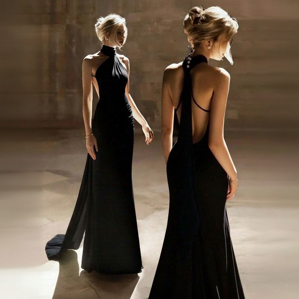 Dos vistas del vestido largo negro halter: frente con drapeado en el hombro y espalda descubierta con tira cruzada