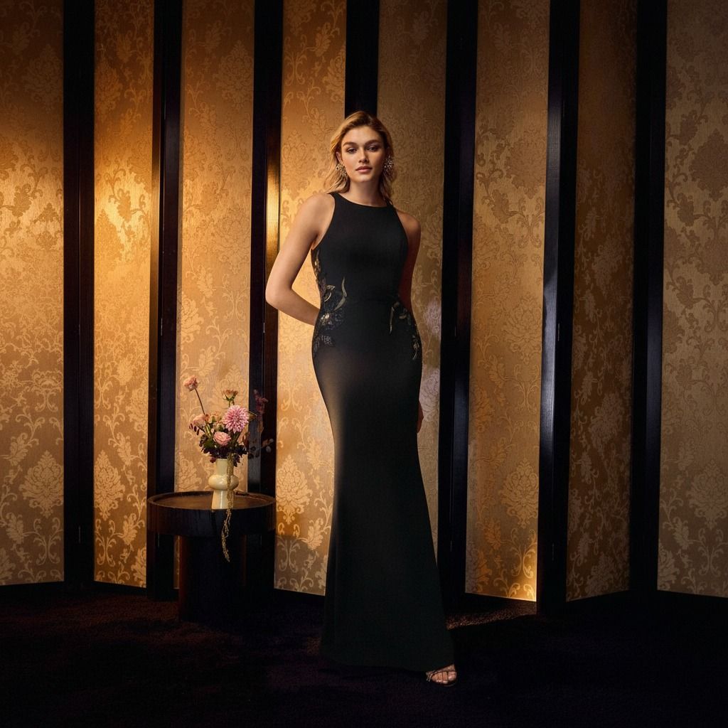 Mujer de pie con vestido negro largo sin mangas y bordado floral lateral frente a biombo dorado