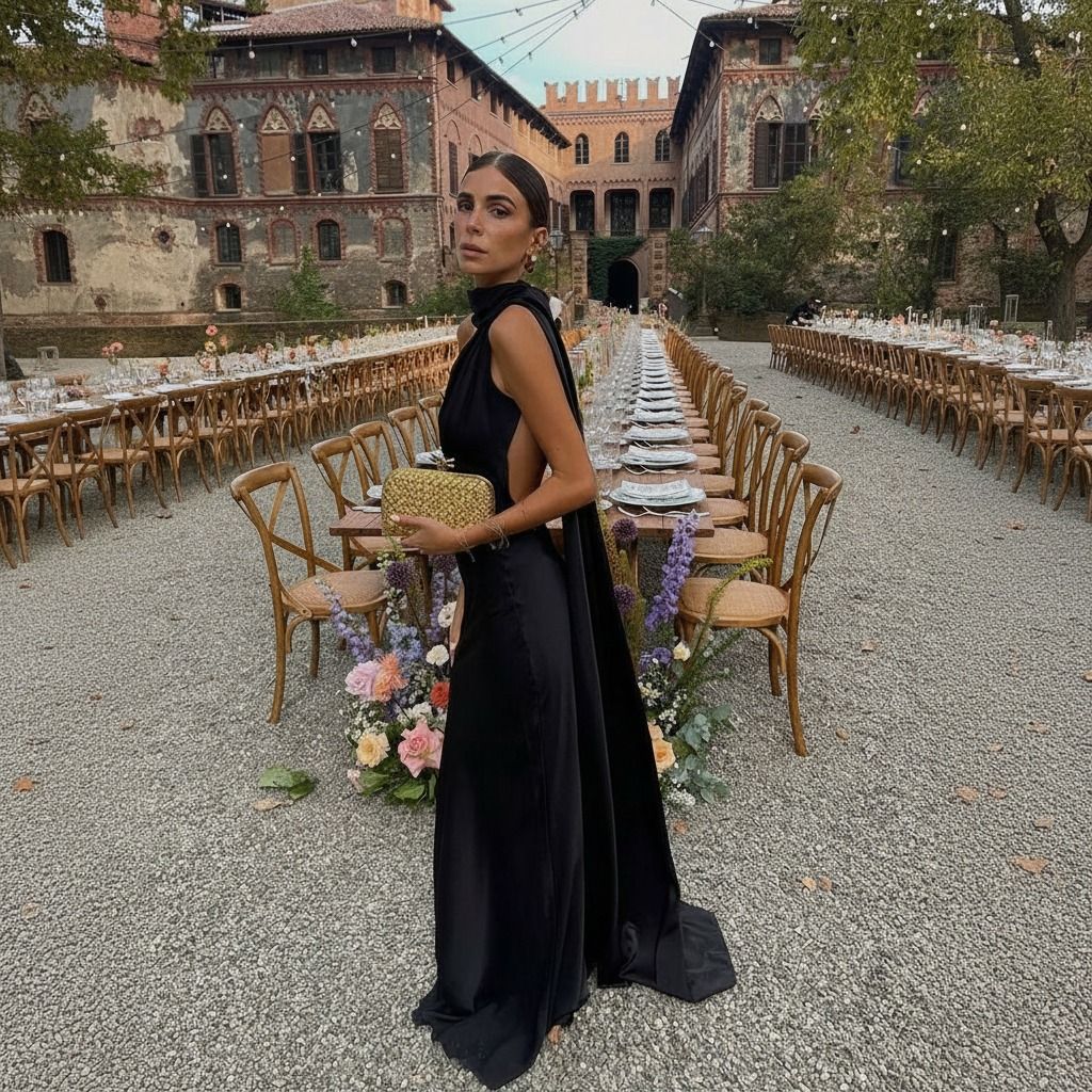 Vestido negro largo usado con clutch dorado en un matrimonio al aire libre, con la capa cayendo hasta el suelo