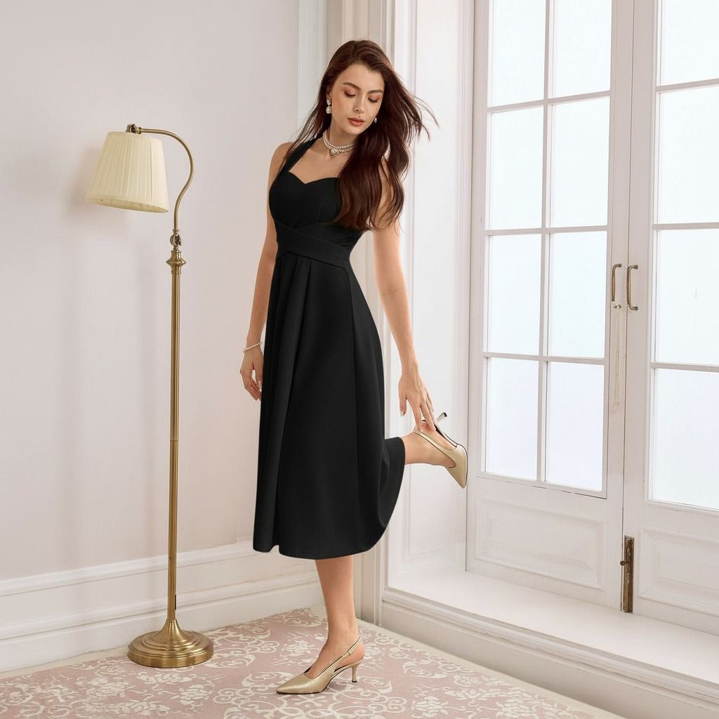 Modelo tocando su zapato dorado mientras usa vestido midi negro evasé con escote corazón, vista lateral