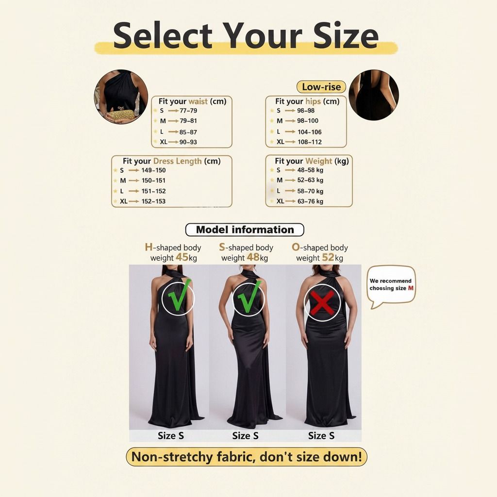 Tabla de tallas del vestido negro largo con medidas de cintura, cadera, largo y peso para tallas S a XL