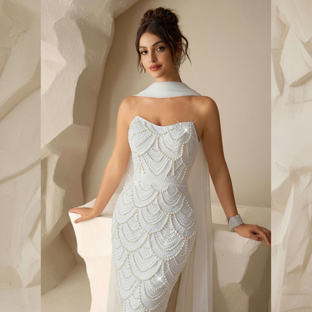 Detalle del escote corazón y bordado de perlas en patrón de escamas sobre vestido blanco con capa de gasa