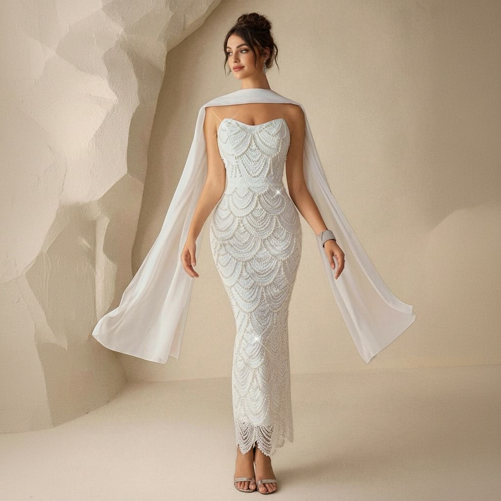 Modelo con vestido blanco strapless bordado en perlas y capa de gasa extendida mostrando movimiento