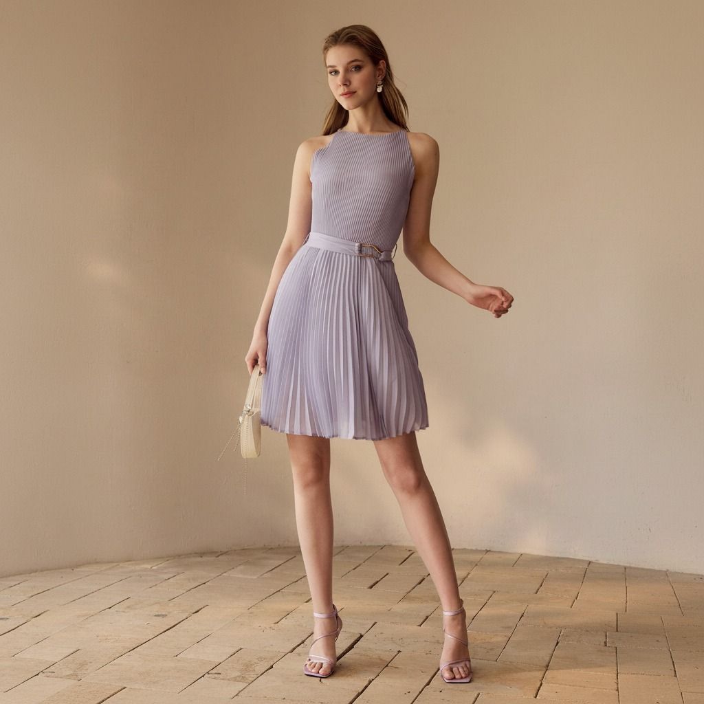 Modelo con vestido corto lila plisado, sandalias de tiras y bolso pequeño, vista cuerpo completo