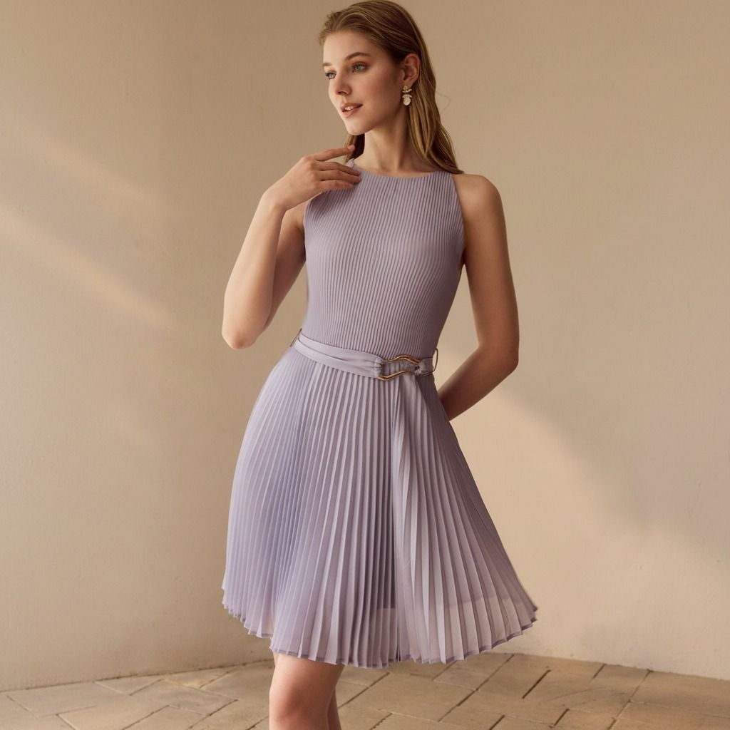 Vestido lila corto con escote halter cerrado y falda plisada en gasa, vista frontal de frente