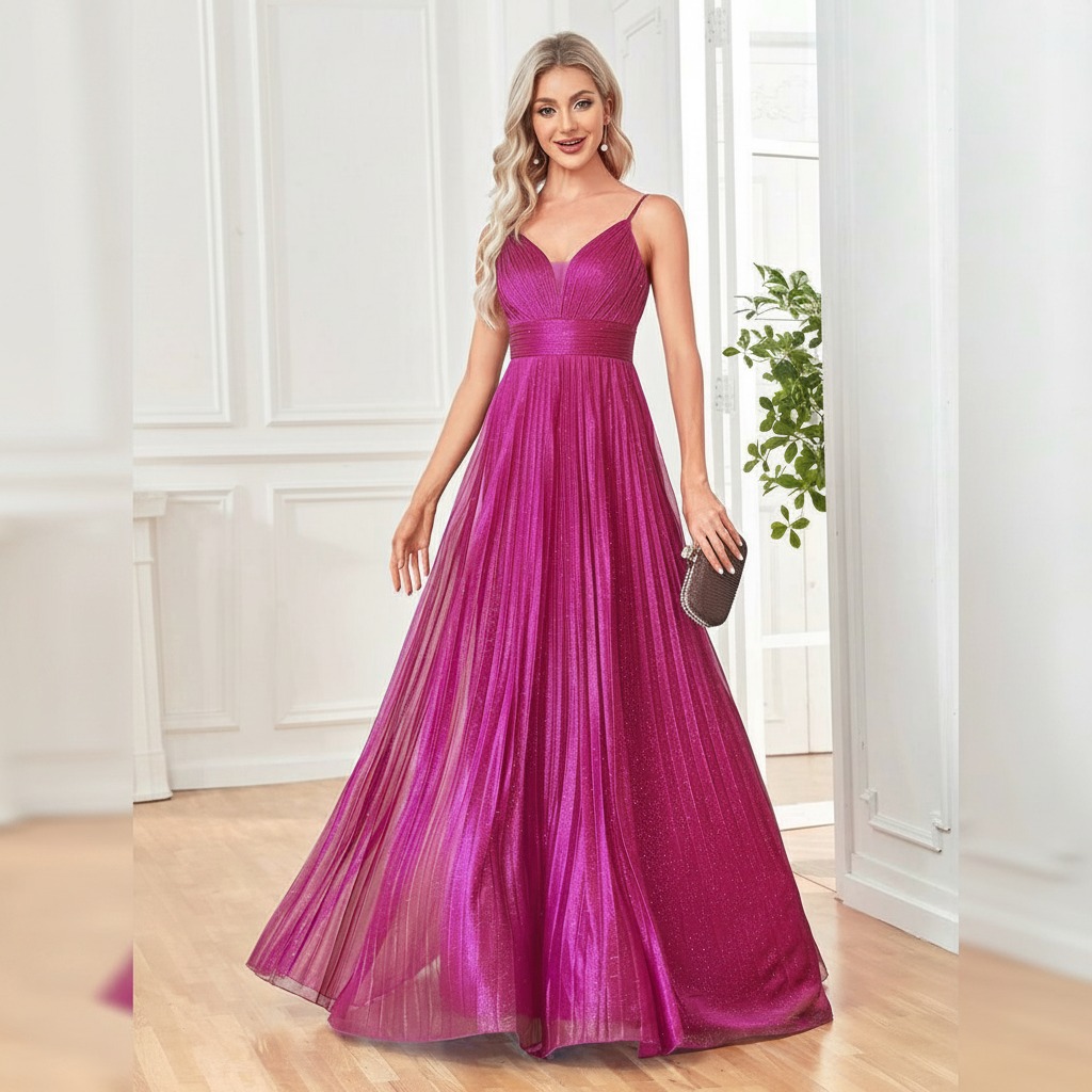 Vestido largo plisado en tul glitter magenta con escote V y tirantes finos, vista frontal de cuerpo completo