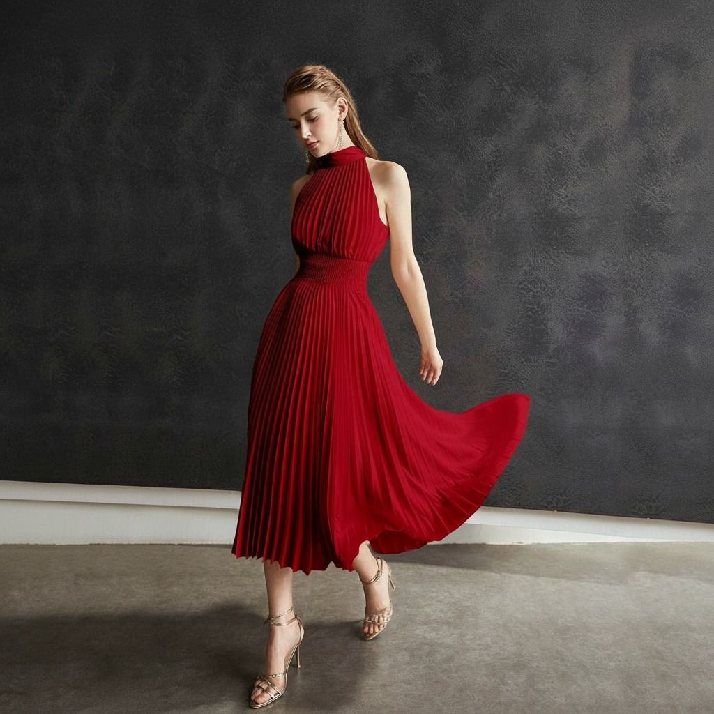 Vestido plisado rojo midi en movimiento mostrando el vuelo amplio de la falda evasé