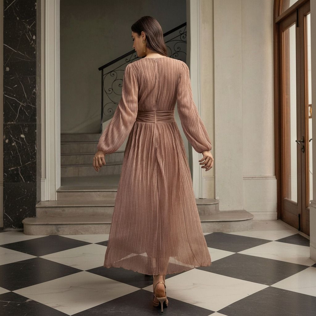 Vista trasera del vestido plisado rosa antiguo mostrando la faja drapeada en la cintura y falda midi con movimiento