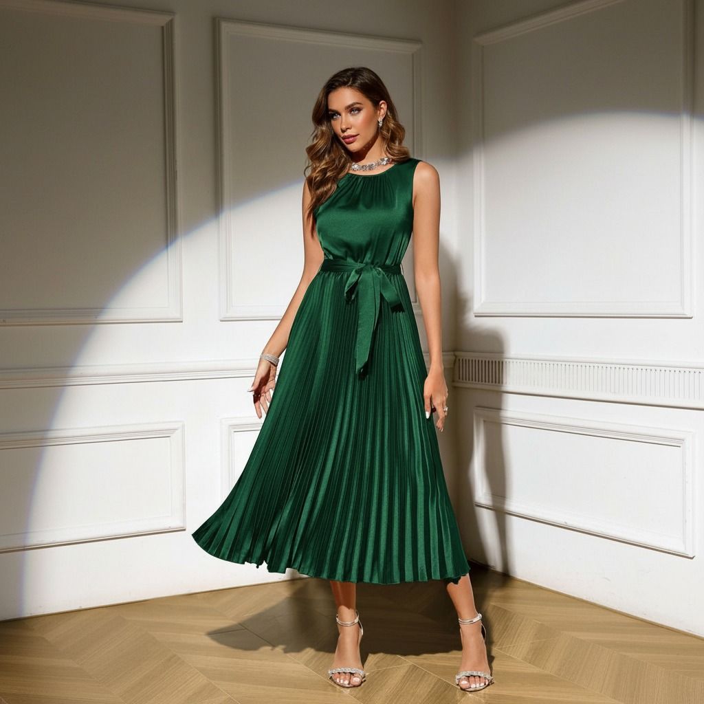 Vestido midi plisado en satén verde esmeralda con cinturón de lazo, sin mangas, vista frontal completa