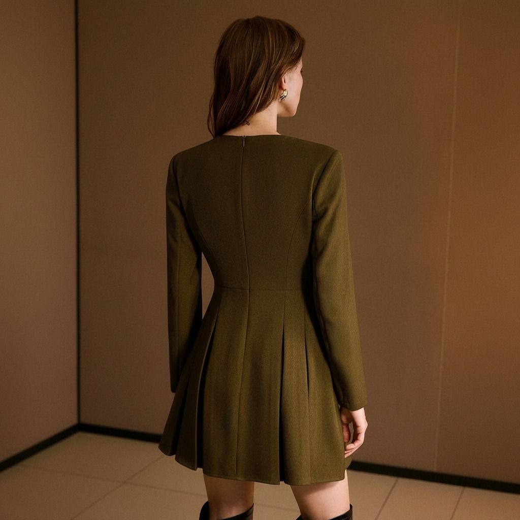 Vista trasera del vestido verde oliva con costuras verticales en el cuerpo y falda plisada con cierre invisible superior