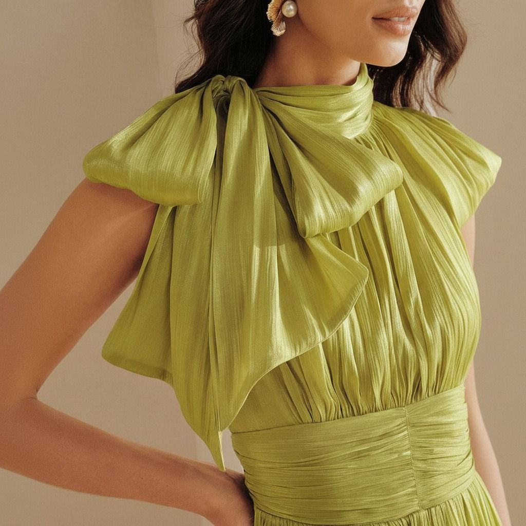 Detalle del lazo lateral y cuerpo plisado fruncido de vestido verde oliva satinado con faja en la cintura