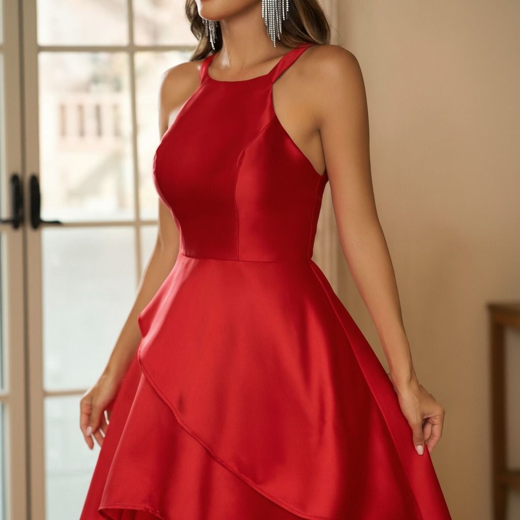 Acercamiento al cuerpo ajustado en satén rojo con costuras verticales, escote halter y inicio de falda en capas