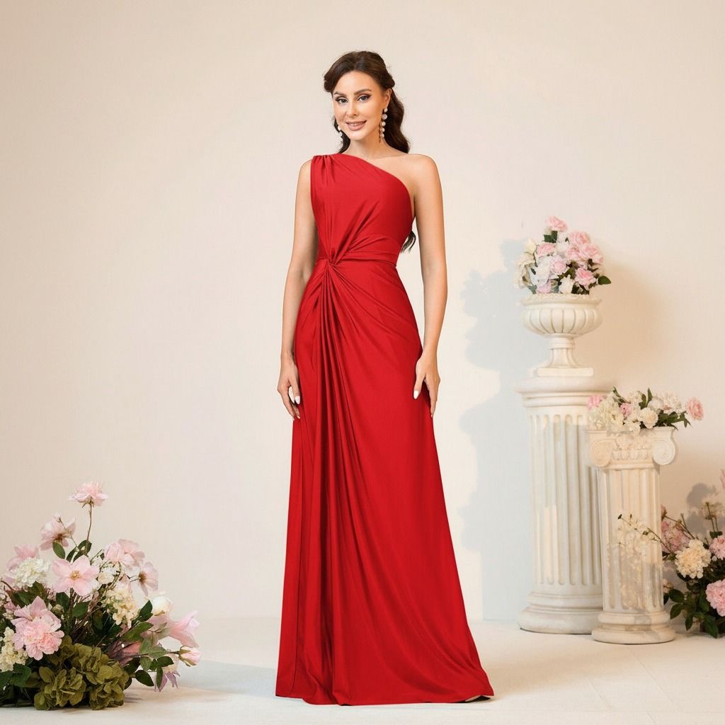 Vista frontal completa de vestido largo rojo con escote a un hombro y nudo drapeado en la cintura