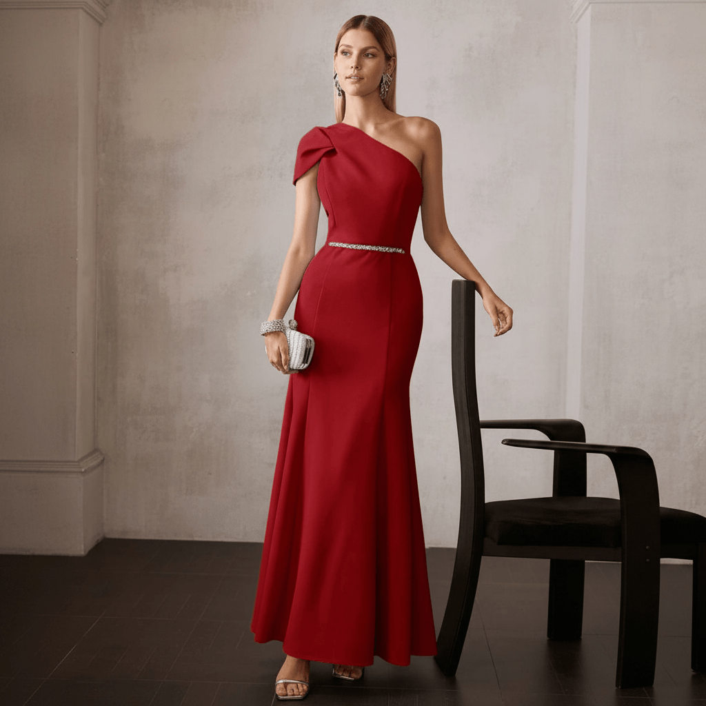 Vestido largo rojo con hombro asimétrico y lazo, silueta sirena ajustada con cinturón de cristales, cuerpo completo