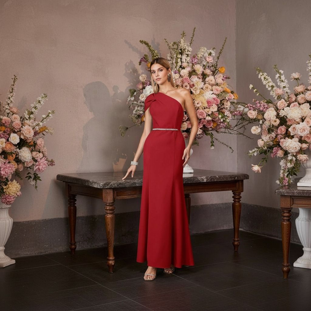 Modelo con vestido rojo sirena de un hombro y cinturón de pedrería frente a arreglos florales en tonos pastel