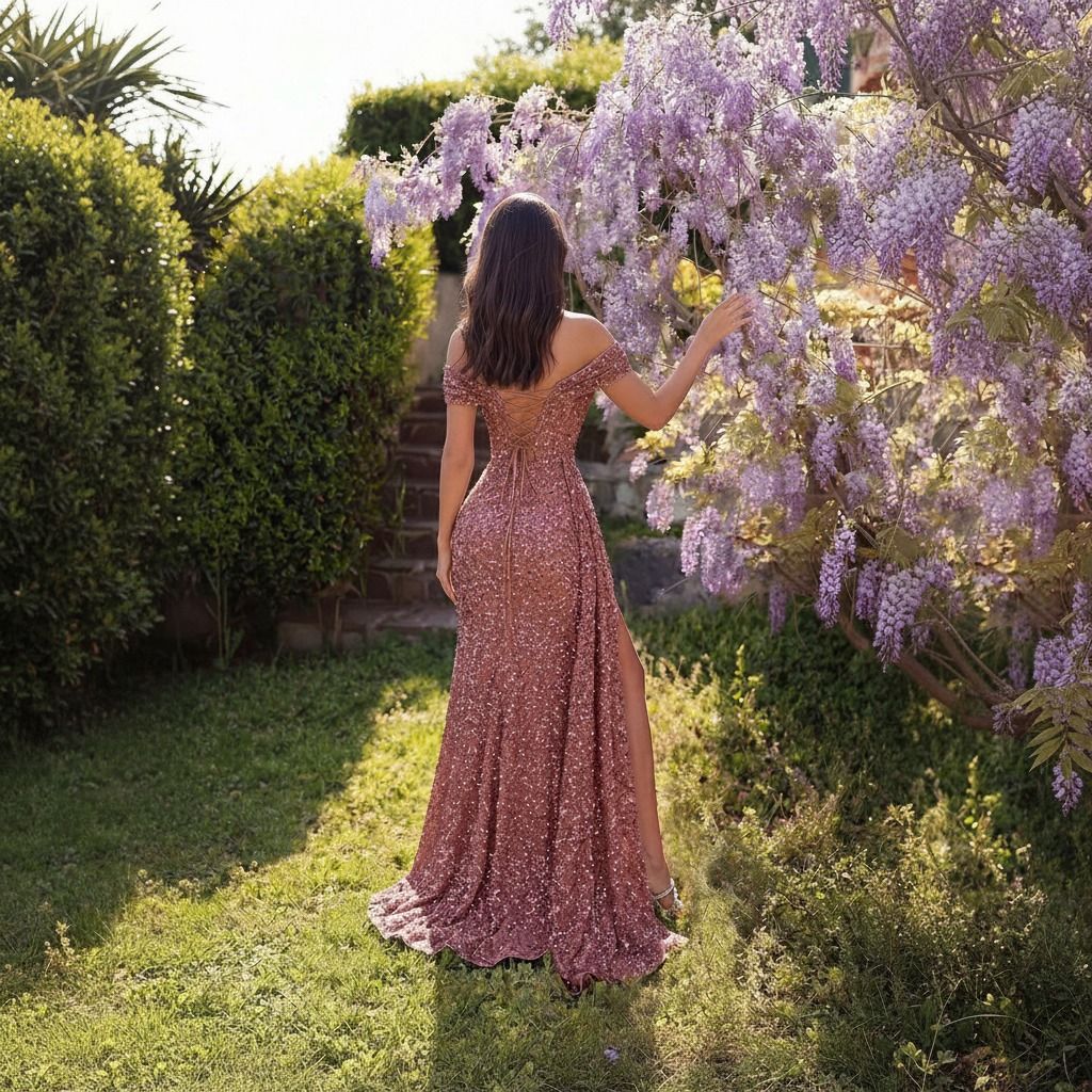 Vista trasera de vestido largo rosa antiguo con lentejuelas mostrando cierre de cordón cruzado en la espalda