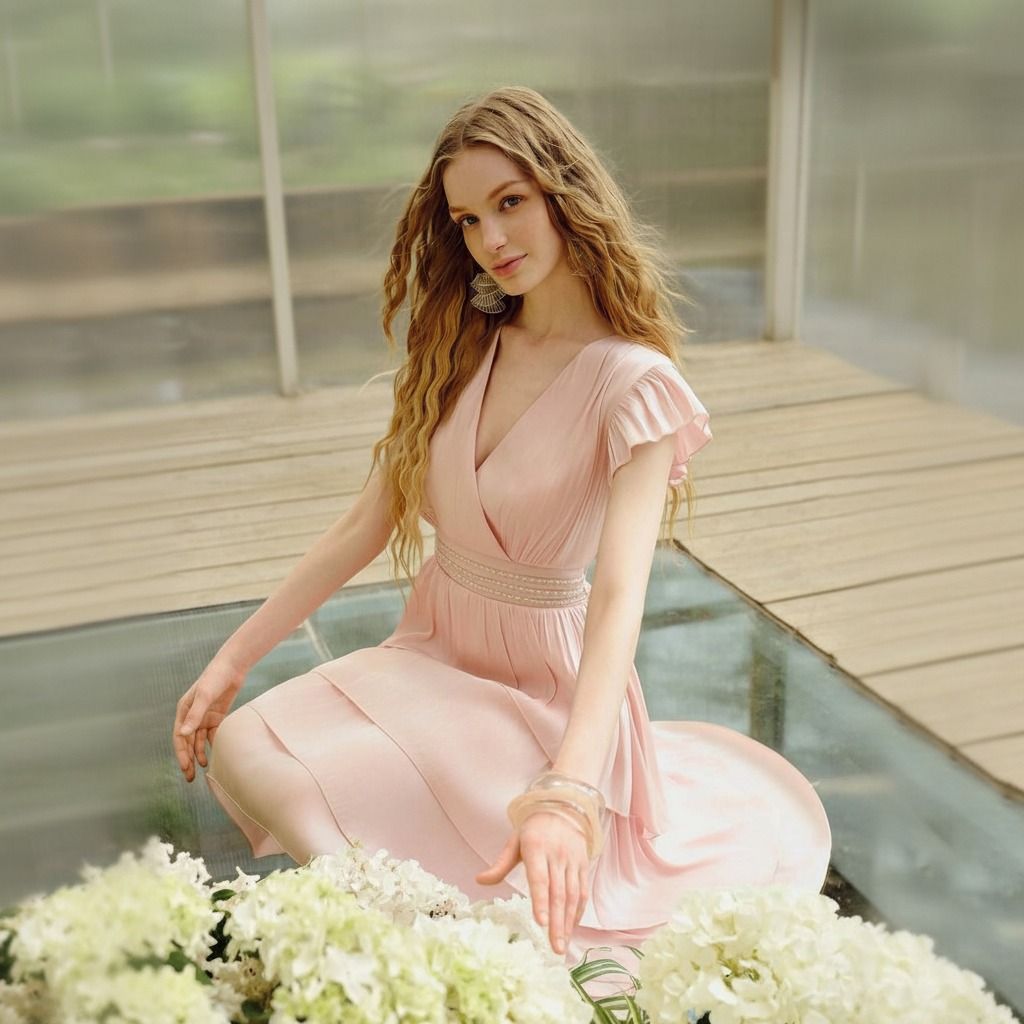 Modelo sentada con vestido midi rosa palo, escote V cruzado, mangas con vuelo y cintura con banda de perlas