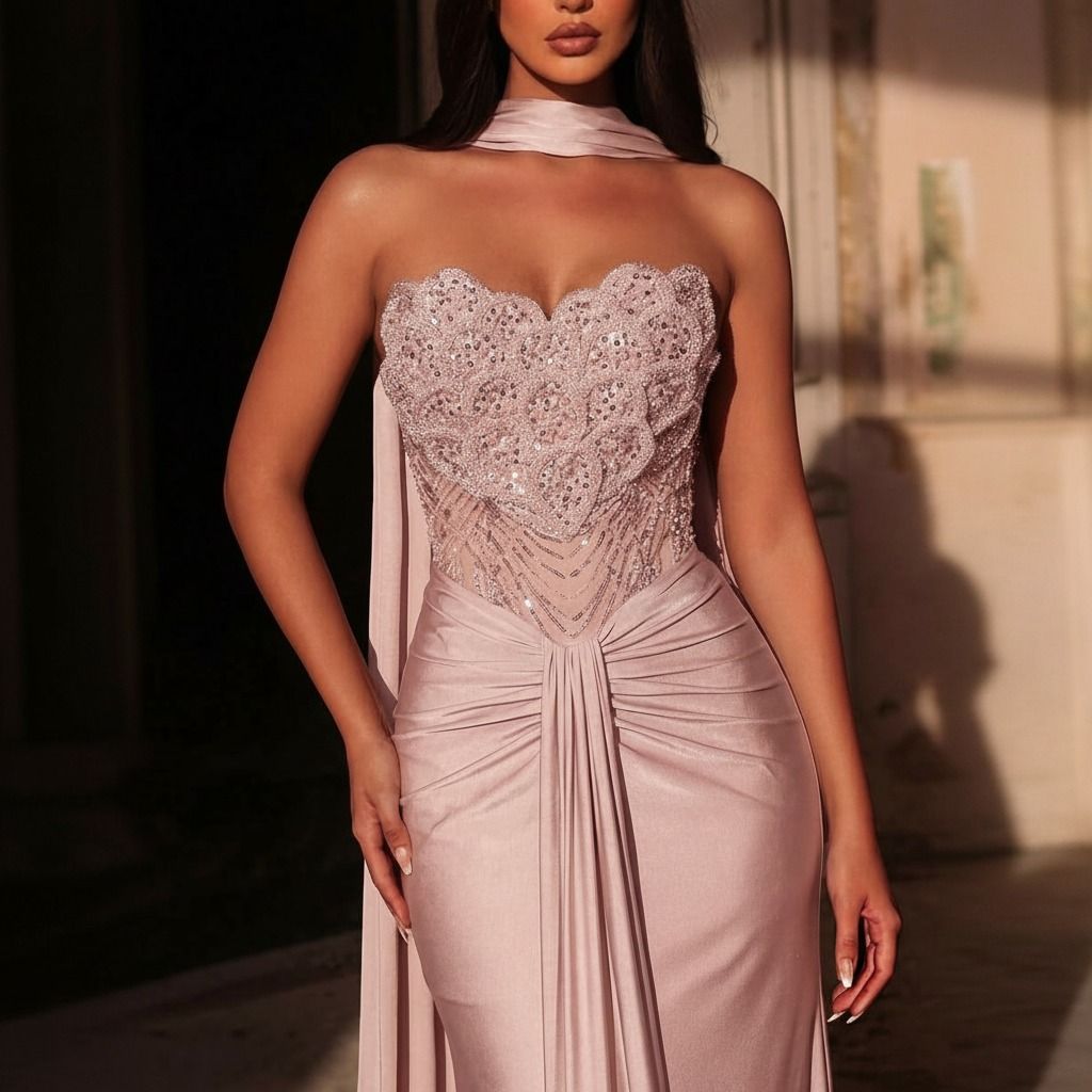 Primer plano del busto con bordado de pedrería y lentejuelas en patrón floral sobre corsé strapless rosa pálido