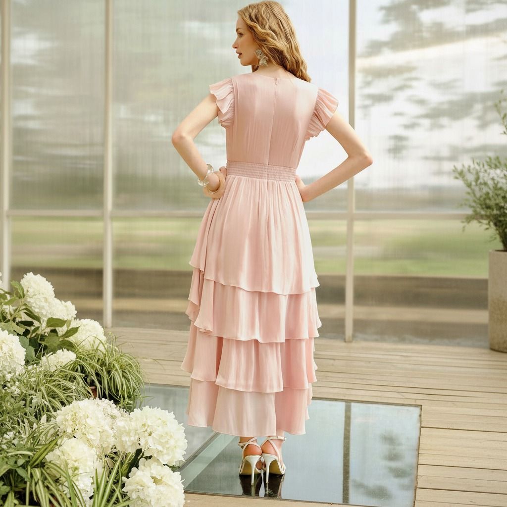 Vista trasera de vestido midi rosa palo con cuatro capas de volantes escalonados y espalda con elástico fruncido