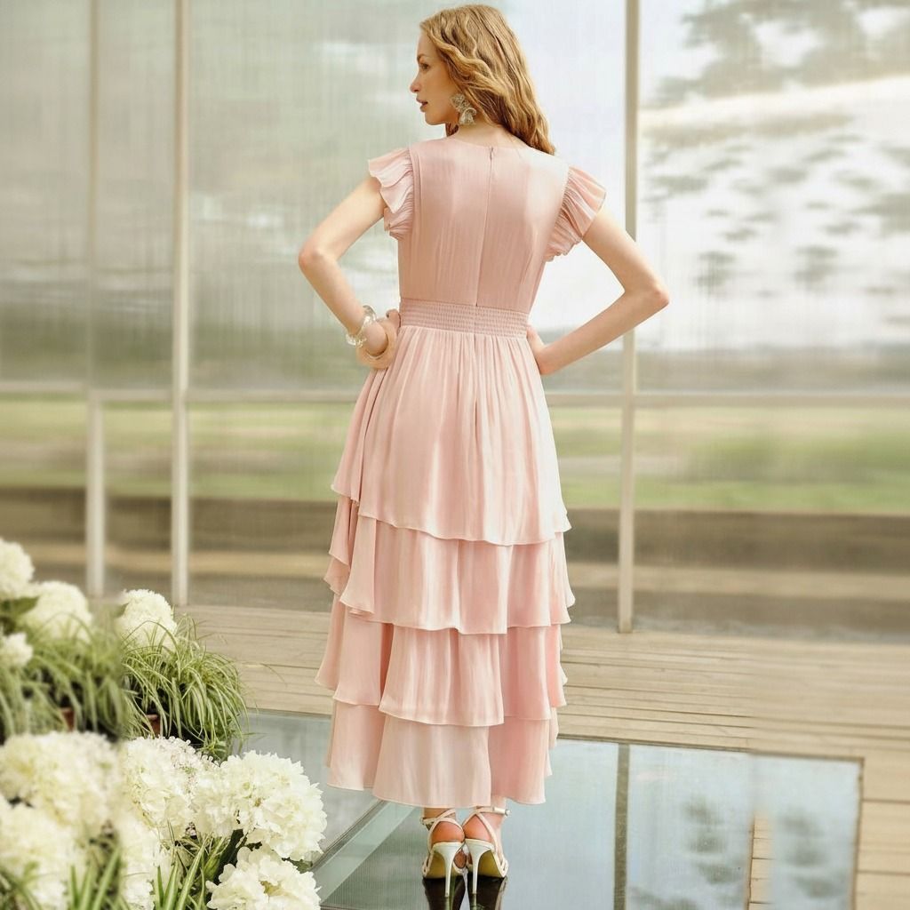 Vista posterior de vestido midi rosa palo con mangas vuelo, cintura fruncida y falda de volantes hasta el tobillo
