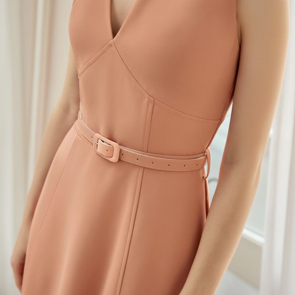 Detalle del cinturón delgado con hebilla forrada tonal sobre la cintura del vestido midi salmón con escote V