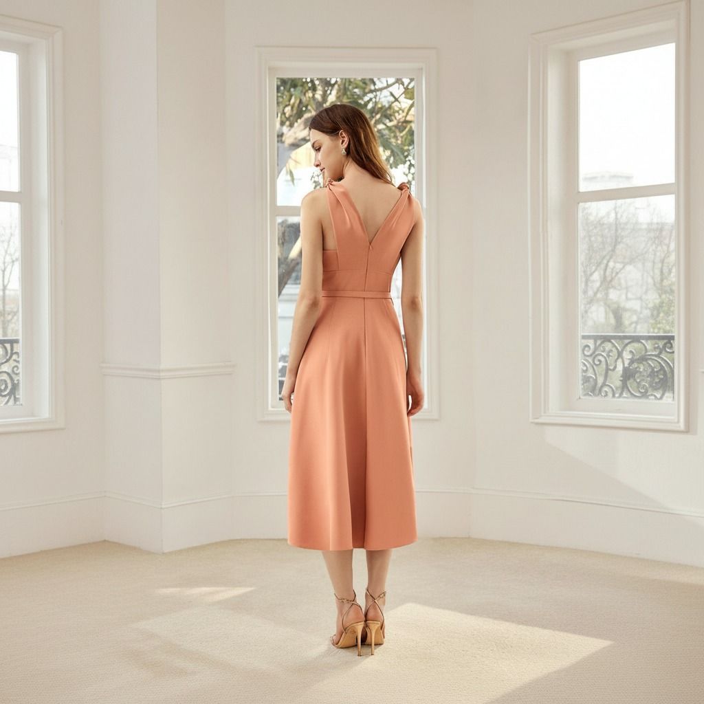 Vista trasera de vestido midi salmón mostrando escote V en la espalda, tirantes anudados y falda evasé midi