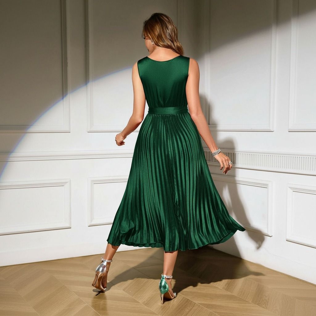 Vista trasera del vestido midi plisado verde esmeralda mostrando espalda cerrada con escote redondo y caída de falda