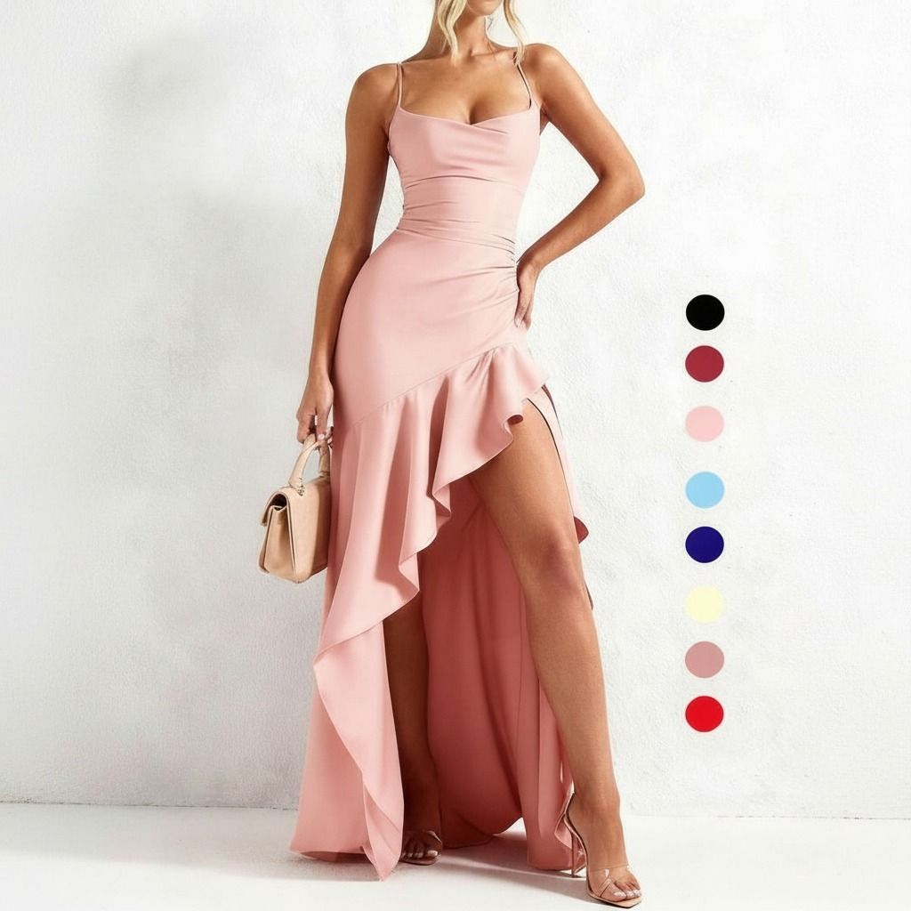 Vestido largo rosa pastel en satén con tirantes finos, drapeado lateral y volante asimétrico, vista frontal