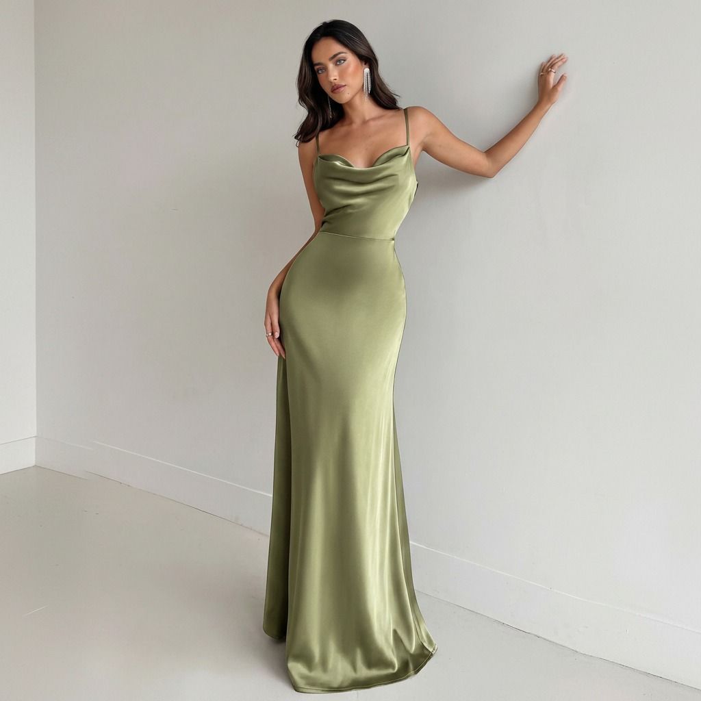 Vestido largo de satén verde oliva con escote drapeado y tirantes finos, vista frontal completa sobre fondo claro