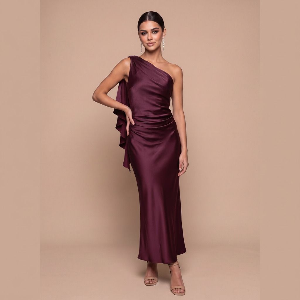 Vista frontal de vestido largo de satén color vino con escote de un hombro y volante lateral