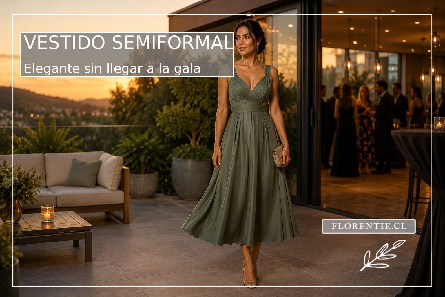 Mujer con vestido semiformal verde oliva midi en una terraza al atardecer