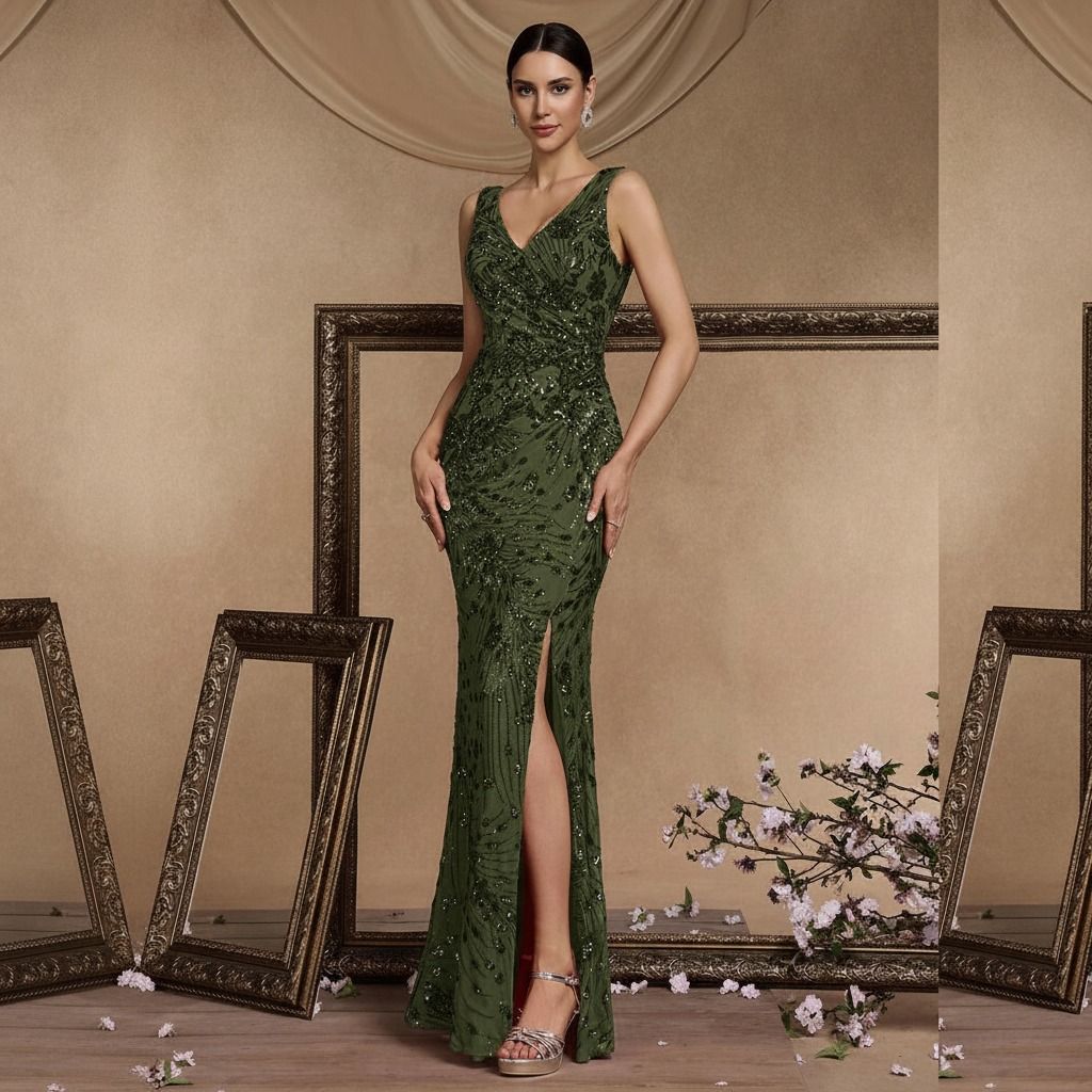 Vestido largo verde oliva con silueta sirena, lentejuelas bordadas y abertura frontal central