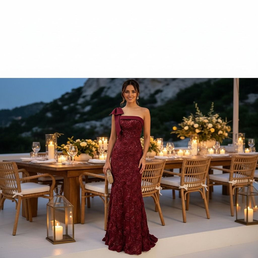 Vestido sirena burdeo con lentejuelas usado en cena formal al aire libre con mesa decorada y velas