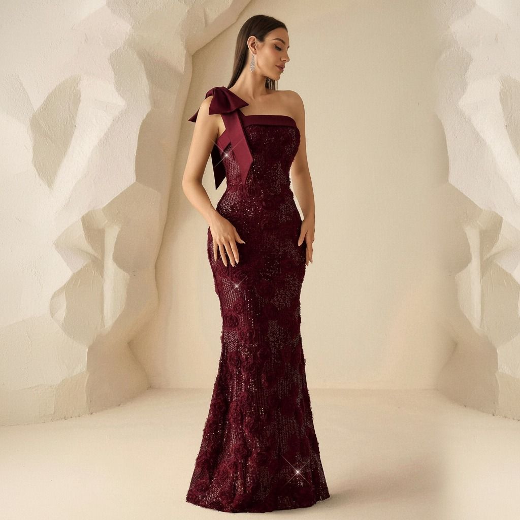 Vestido sirena burdeo largo al piso con silueta ajustada, lentejuelas florales y tirante con lazo, vista frontal de cuerpo entero