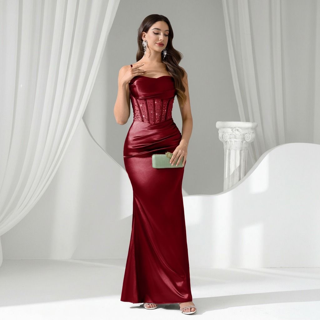 Vestido largo sirena satén burdeos con corsé de strass y drapeado lateral, vista frontal cuerpo completo