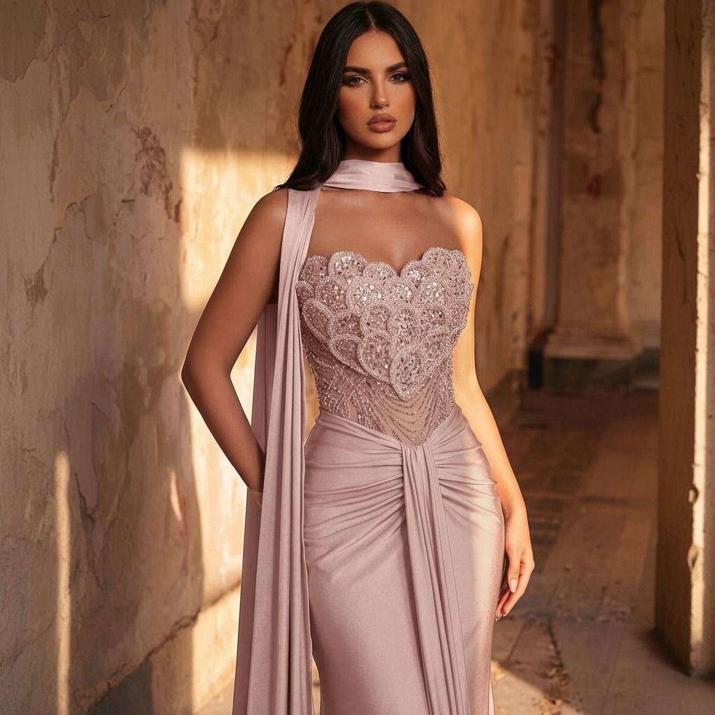 Vestido largo rosa pálido con corsé de pedrería y escote corazón festoneado, capa lateral desde el cuello, vista frontal media