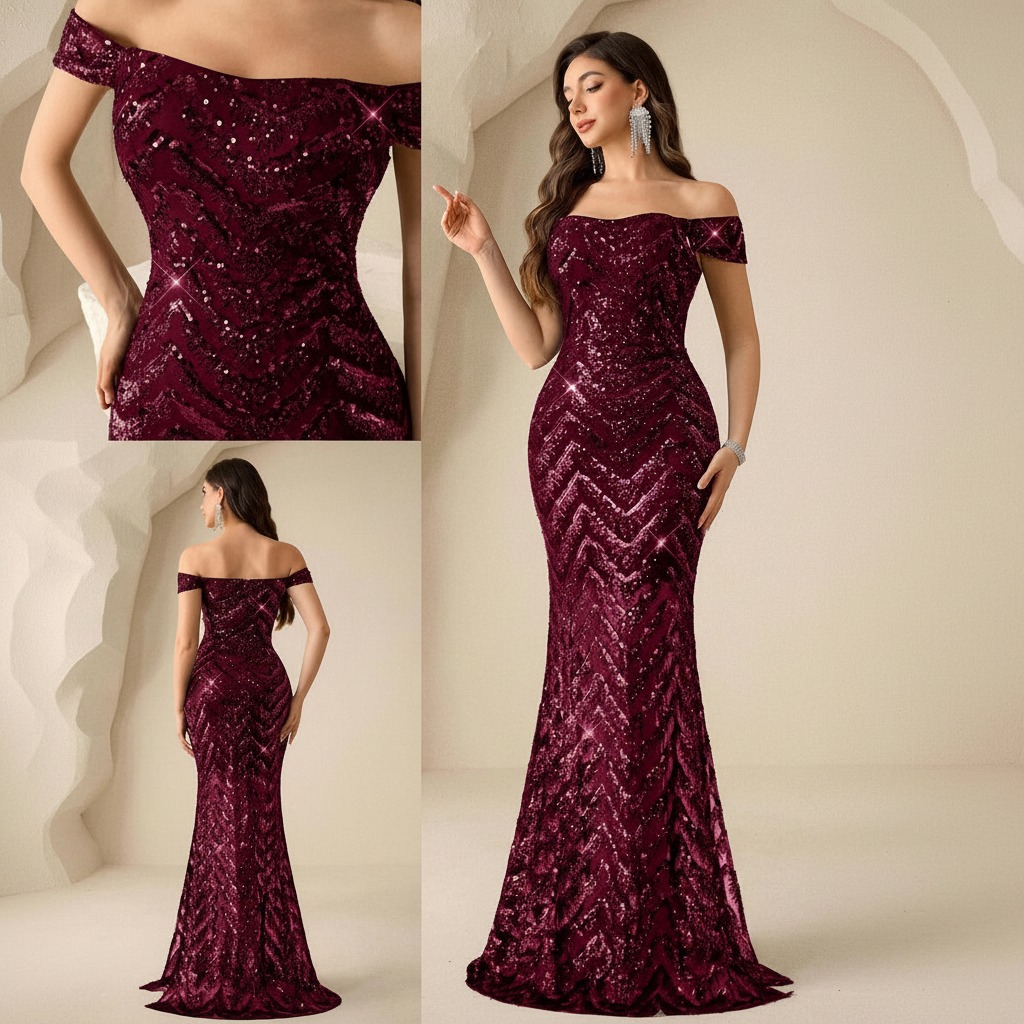 Vestido sirena burdeos con lentejuelas en patrón zigzag visto desde tres ángulos, escote off shoulder y largo al piso