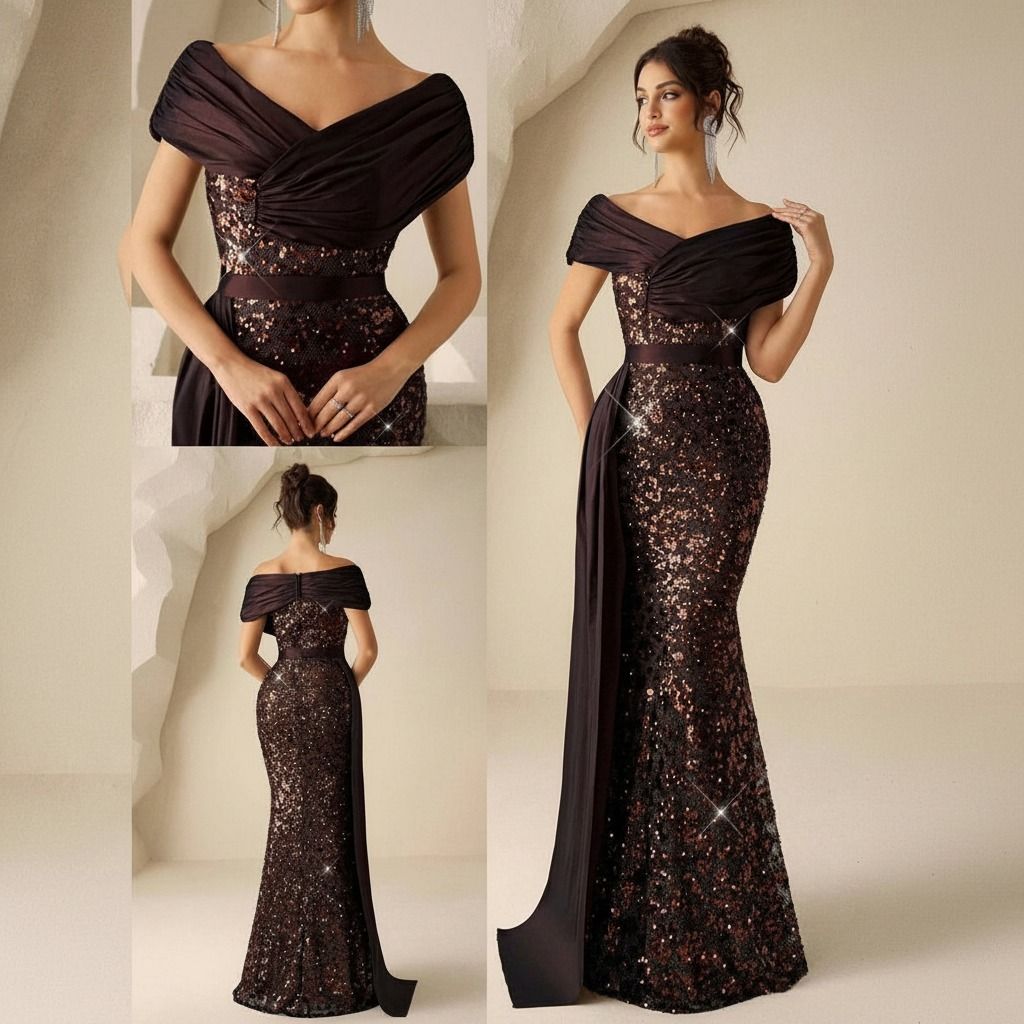 Vestido largo sirena de lentejuelas chocolate con cuerpo drapeado off-shoulder en tul, vista frontal y de detalle