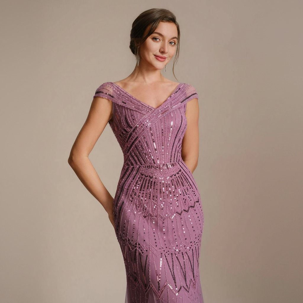 Primer plano del cuerpo de vestido sirena malva con lentejuelas geométricas y escote V cruzado