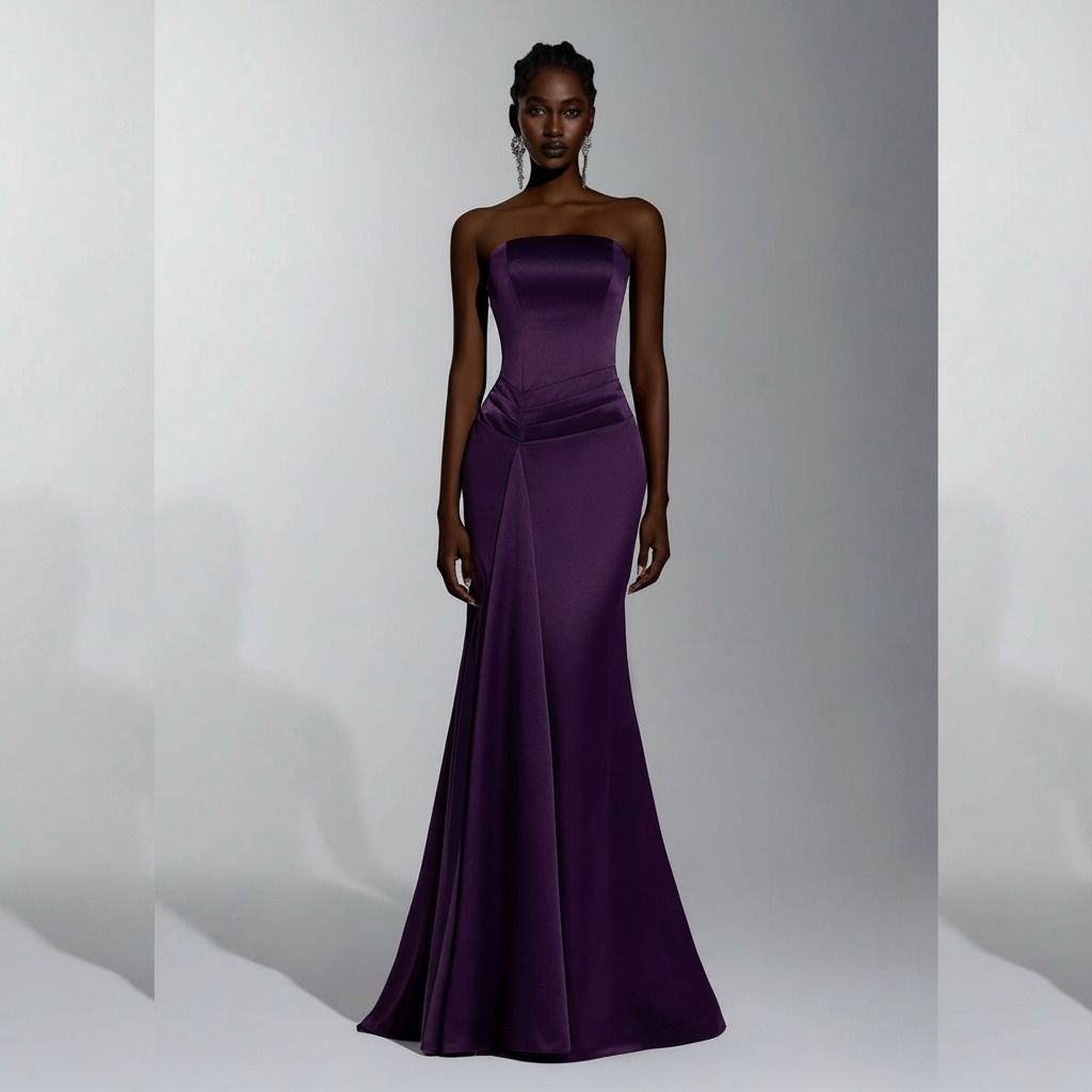 Vestido largo de satén morado corte sirena con escote strapless recto, vista frontal completa sobre fondo gris